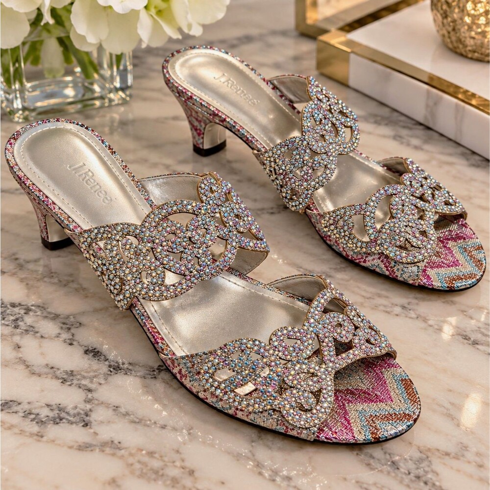 J. Renee Silver Metallic AB Rhinestone Slide Sandals Slip On 7.5 Ret $99 NWOB